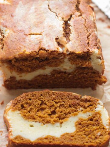 cream cheese pumpkin bread up close.