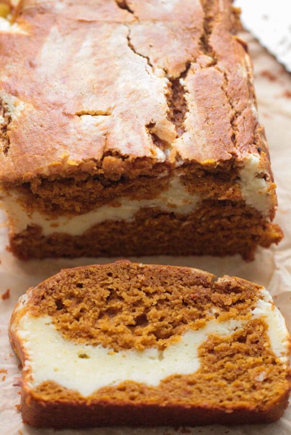 cream cheese pumpkin bread up close.