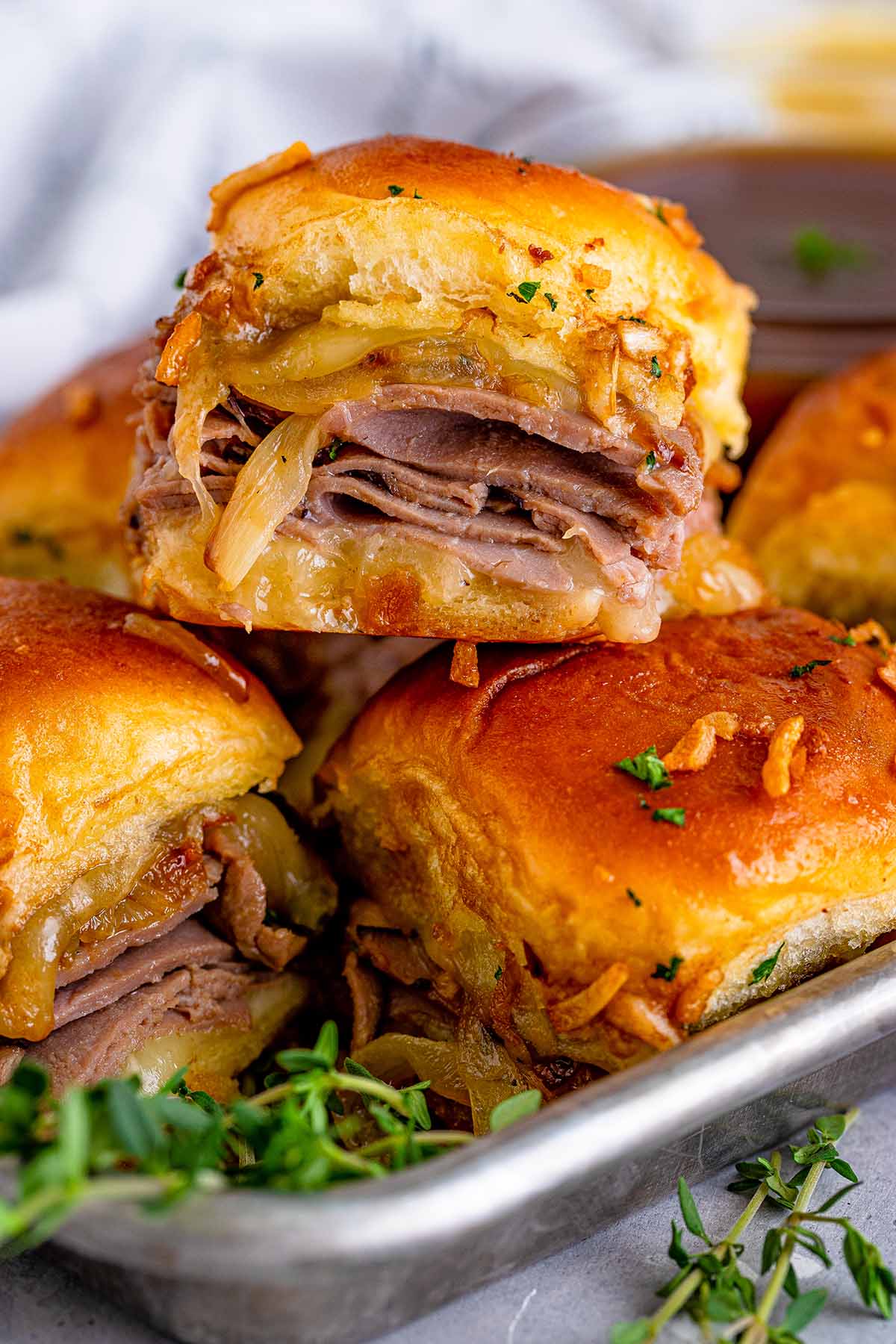 French dip sliders up close. 