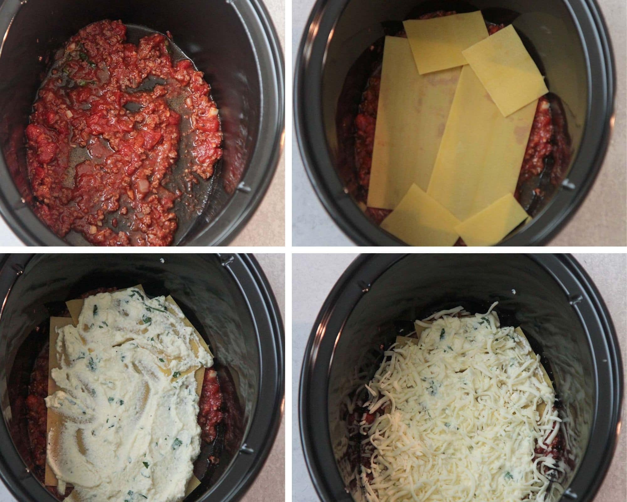 a four photo collage showing how to make crockpot lasagna.