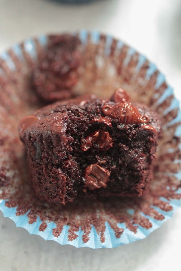 double chocolate banana muffin up close.