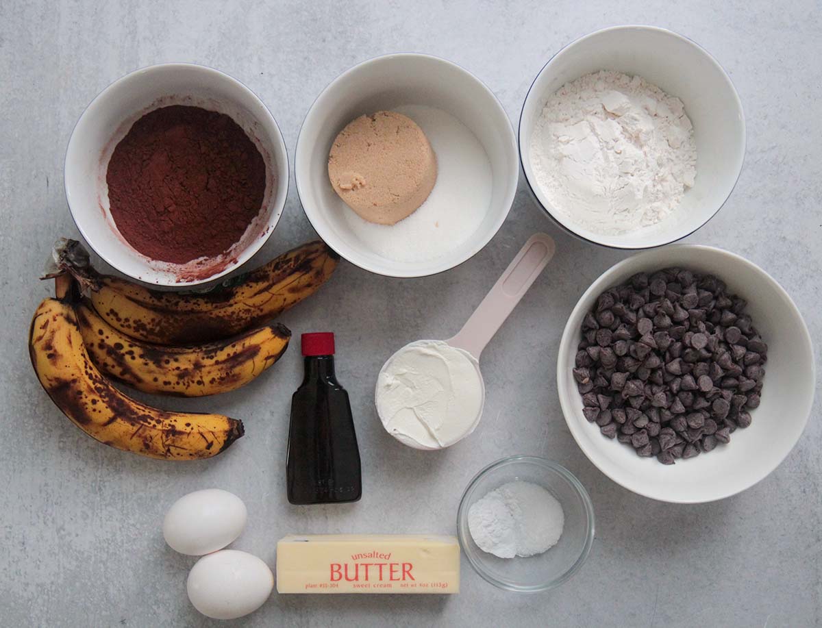 ingredients for double chocolate banana muffins.