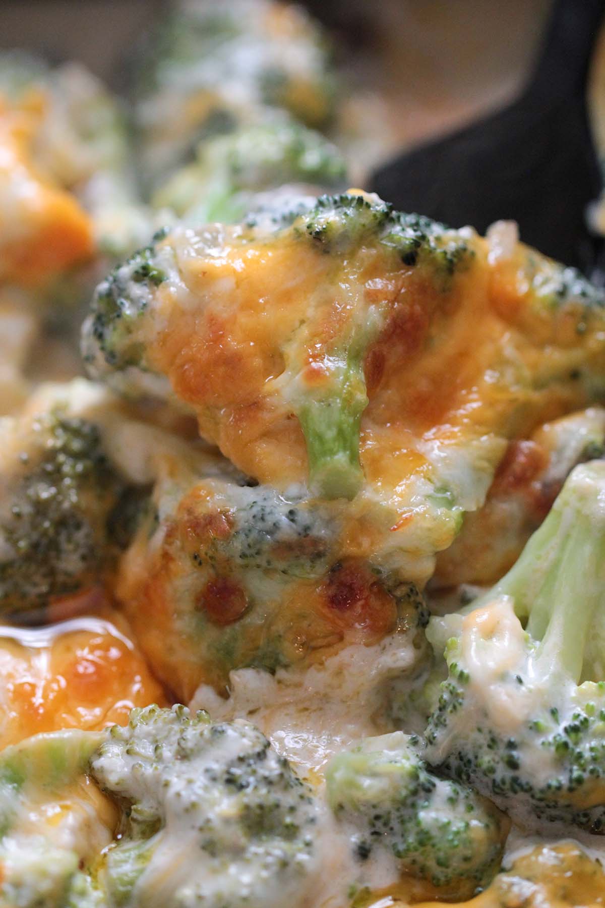cheesy broccoli up close. 