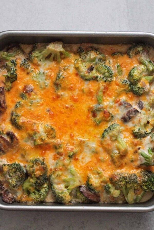 keto broccoli mushroom casserole up close.