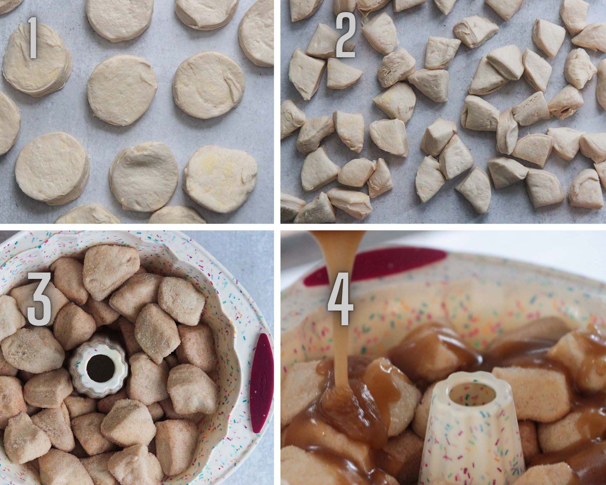 a 4 photo collage showing how to make monkey bread from start to finish. 