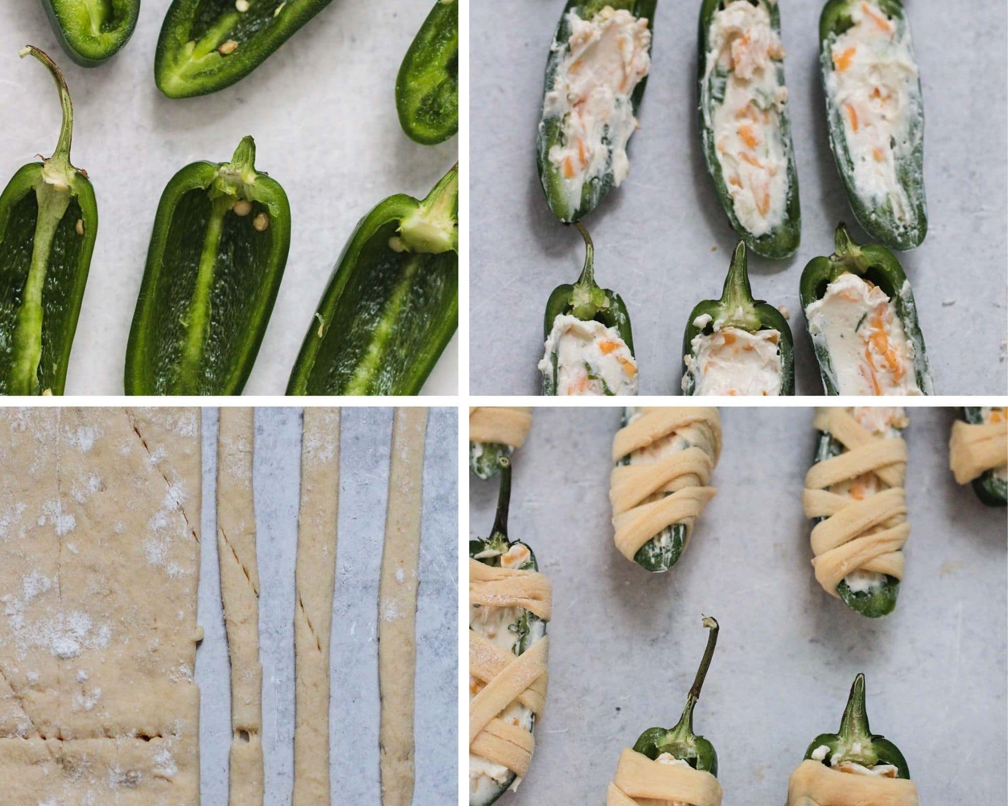 4 photo collage showing step by step how to make mummy jalapeno poppers.