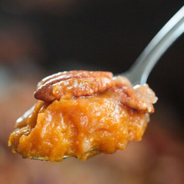 a spoonful of slow cooker sweet potato casserole.