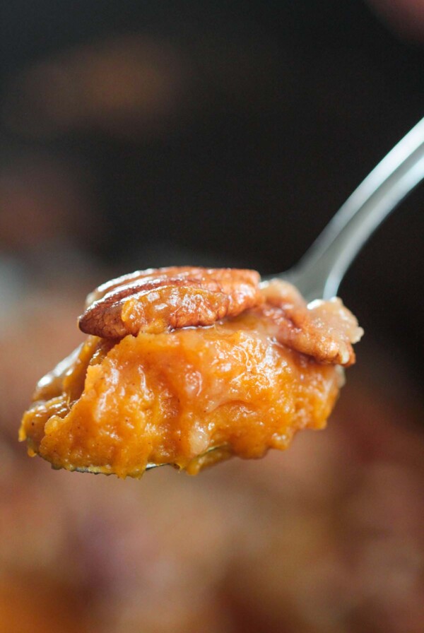 a spoonful of slow cooker sweet potato casserole.