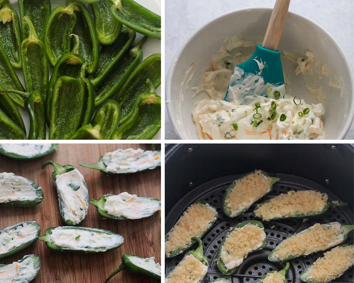 collage with four photos showing how to make jalapeno poppers in the air fryer. 