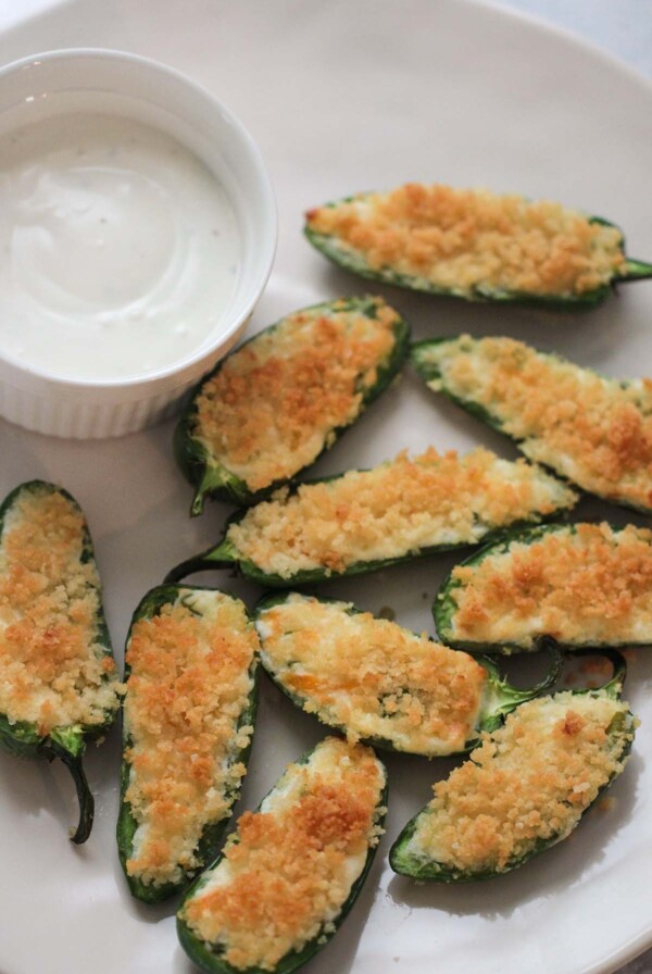 air fryer jalapeno poppers with a side of blue cheese dressing.