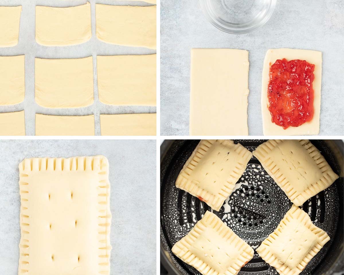 four photo collage showing how to make pop tarts in the air fryer. 