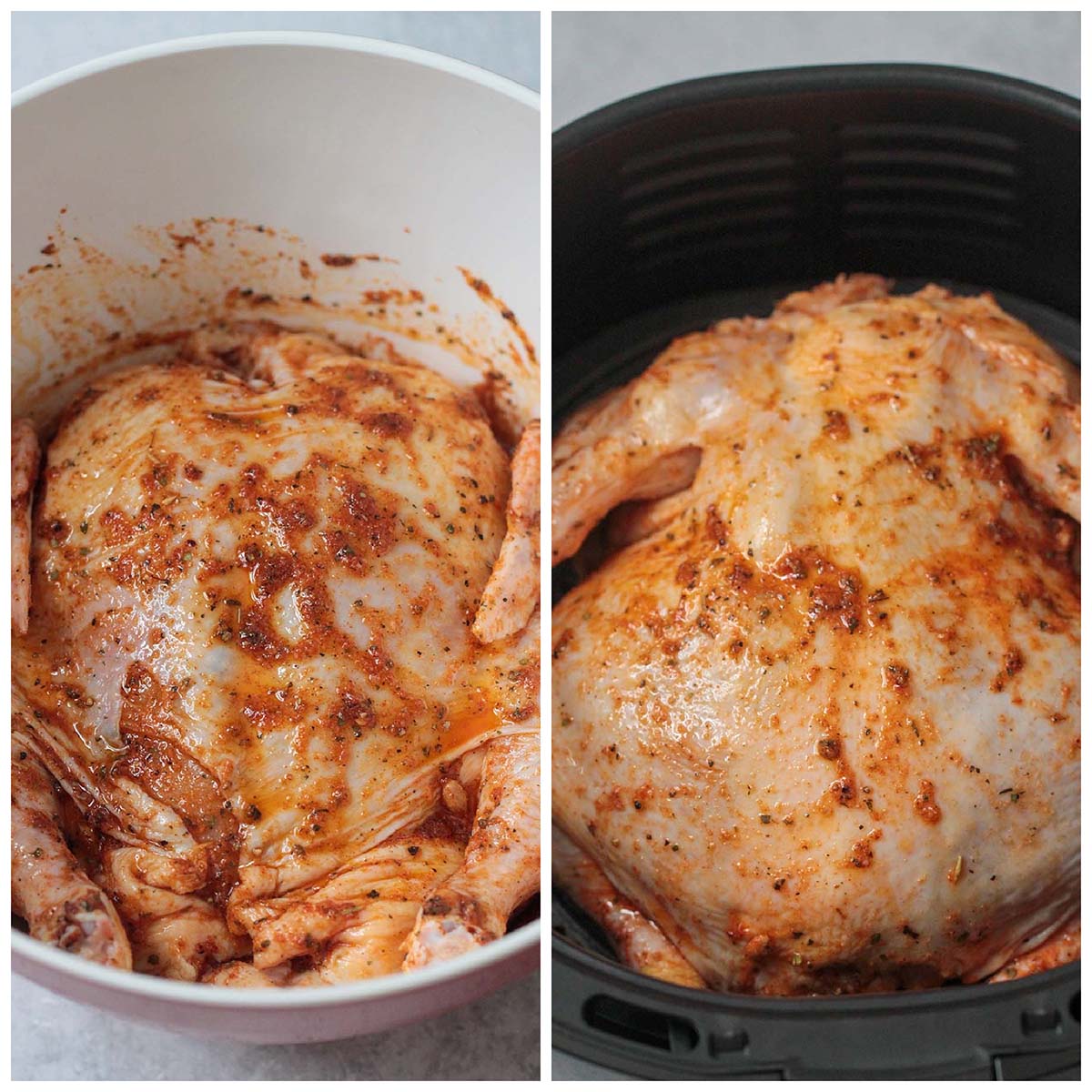 a collage with two photos showing raw chicken in a bowl and raw chicken in an air fryer basket. 