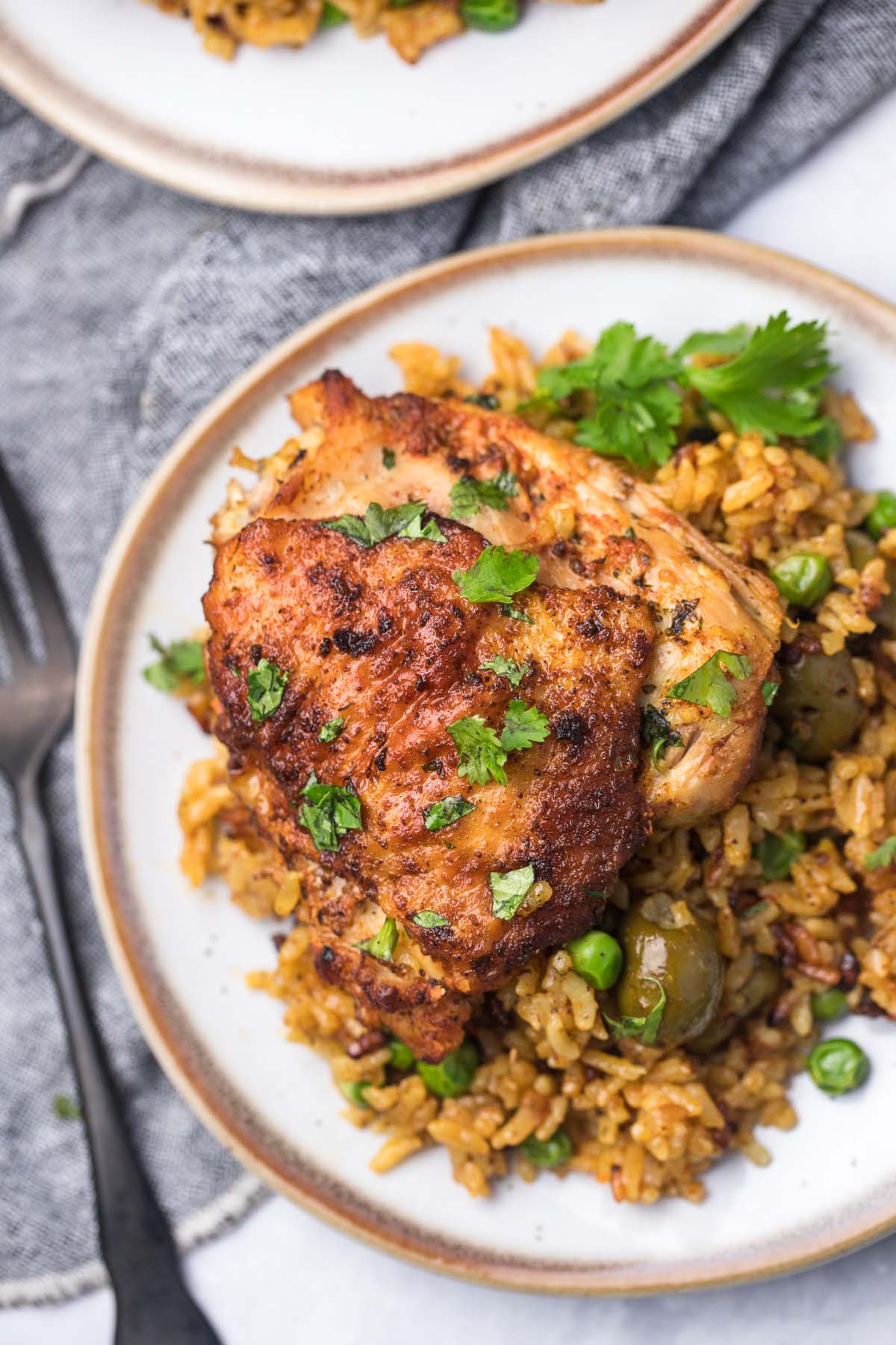 arroz con pollo (chicken and rice) on a plate. 