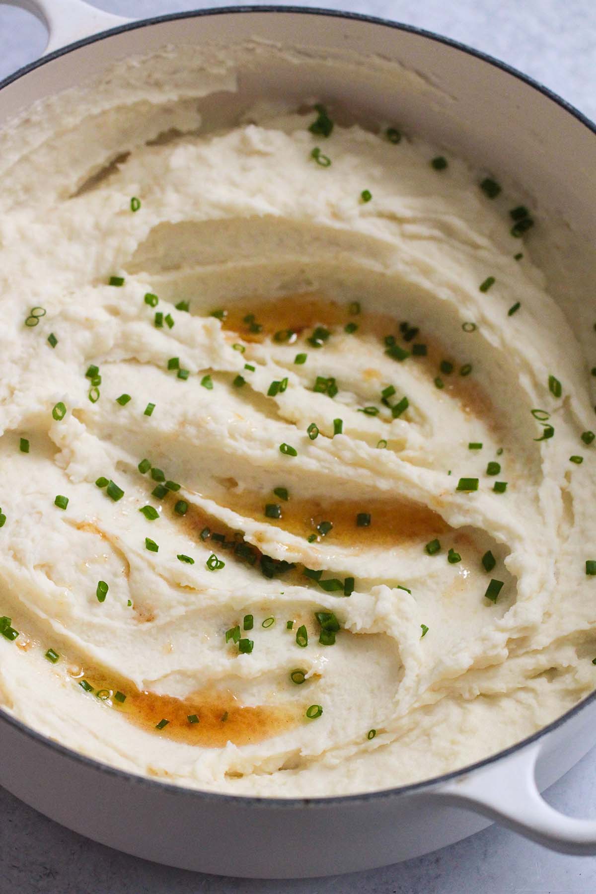 browned butter mashed potatoes up close. 