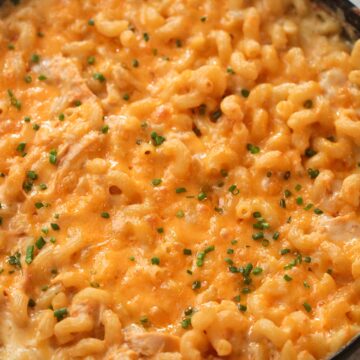 buffalo chicken mac and cheese with green chives on top.