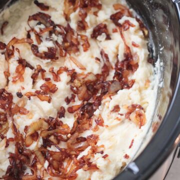 crockpot mashed potatoes with caramelized onions.