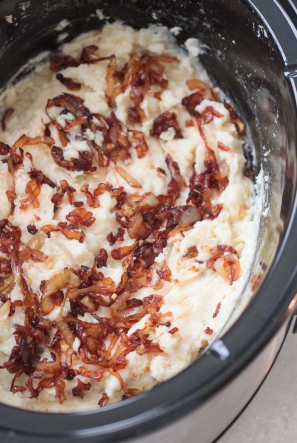 crockpot mashed potatoes with caramelized onions.