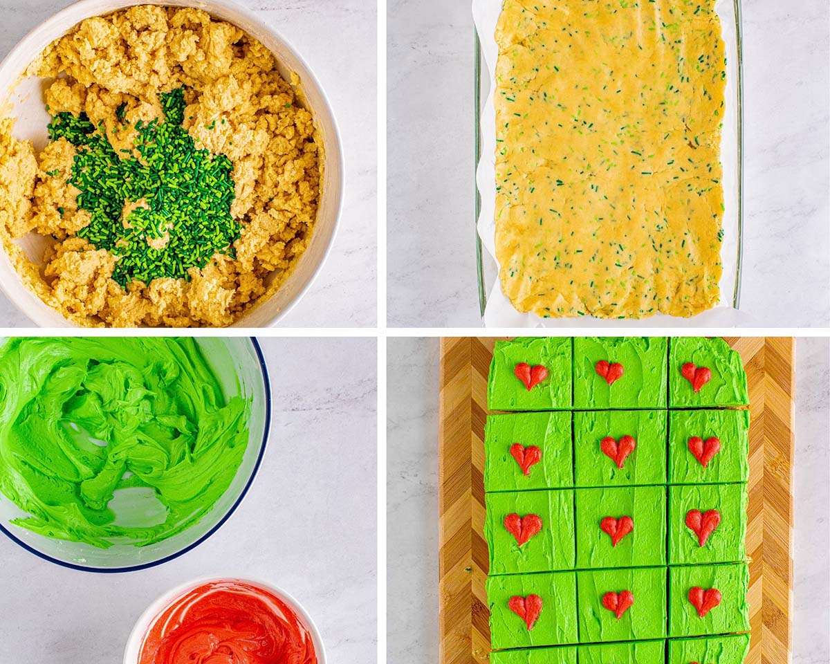 collage with four photos showing how to make Grinch sugar cookie bars.