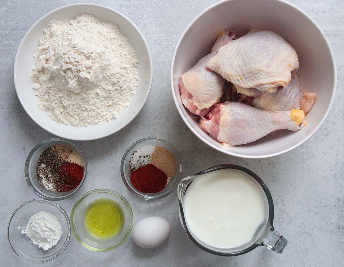 Ingredients for buttermilk fried chicken. 