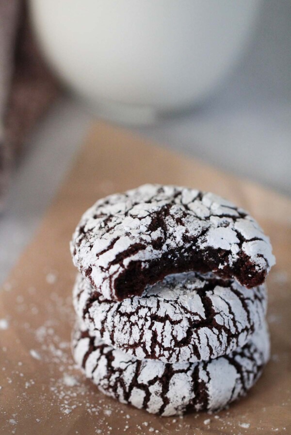 three chocolate crinkle cookies.