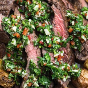 churrasco with chimichurri and potatoes.