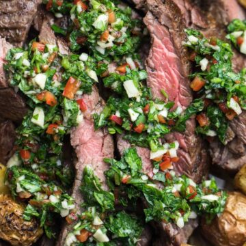 churrasco with chimichurri and potatoes.