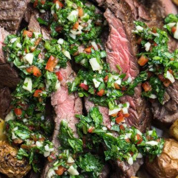 churrasco with chimichurri and potatoes.