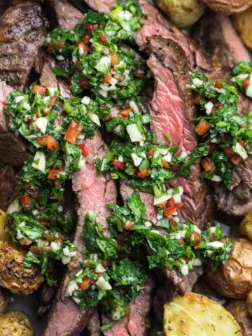 churrasco with chimichurri and potatoes.