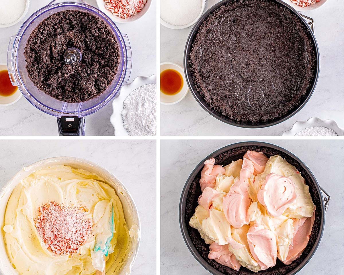 a collage with four photos showing how to make no-bake peppermint cheesecake. 