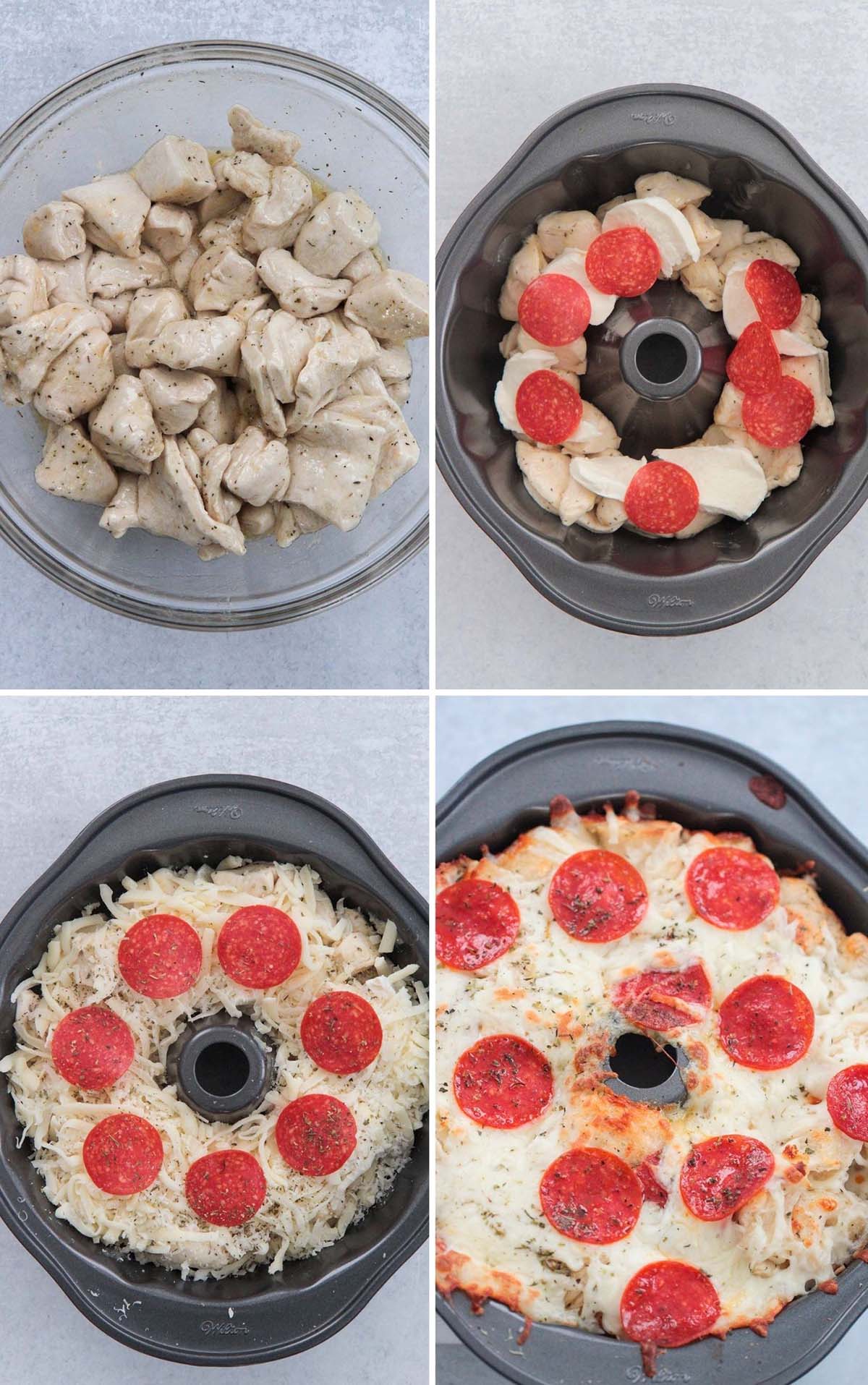 collage with four photos showing how to make pizza monkey bread. 