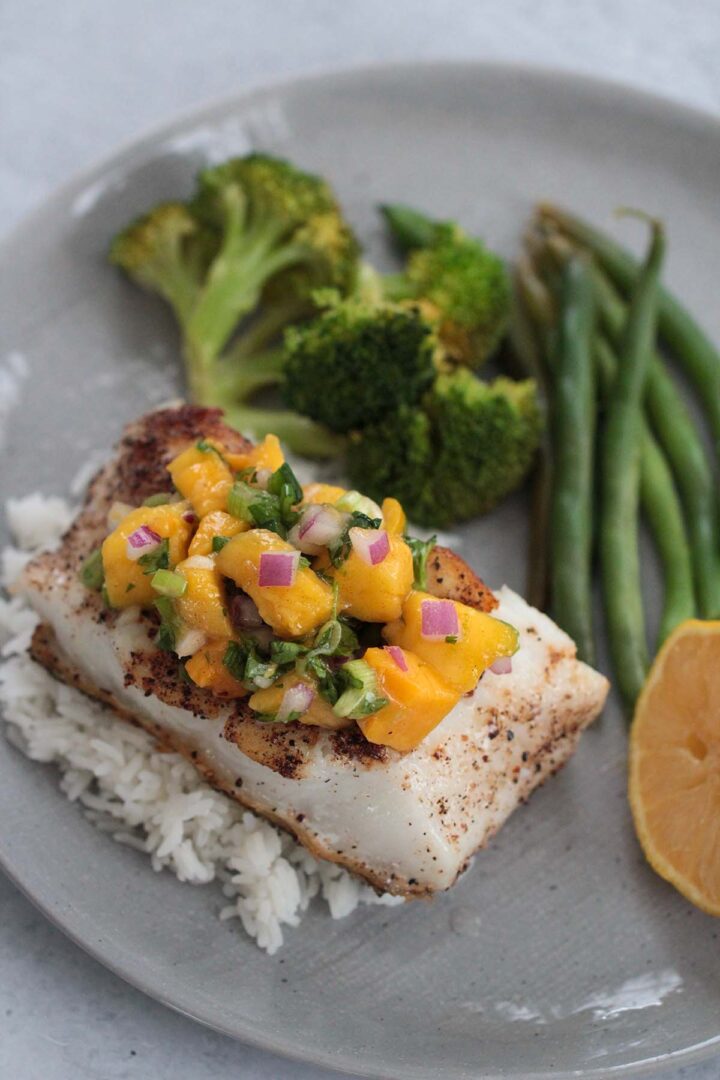 Chilean Sea Bass with Mango Salsa Cooked by Julie