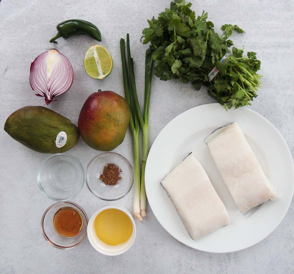 ingredients for Chilean sea bass and mango salsa. 