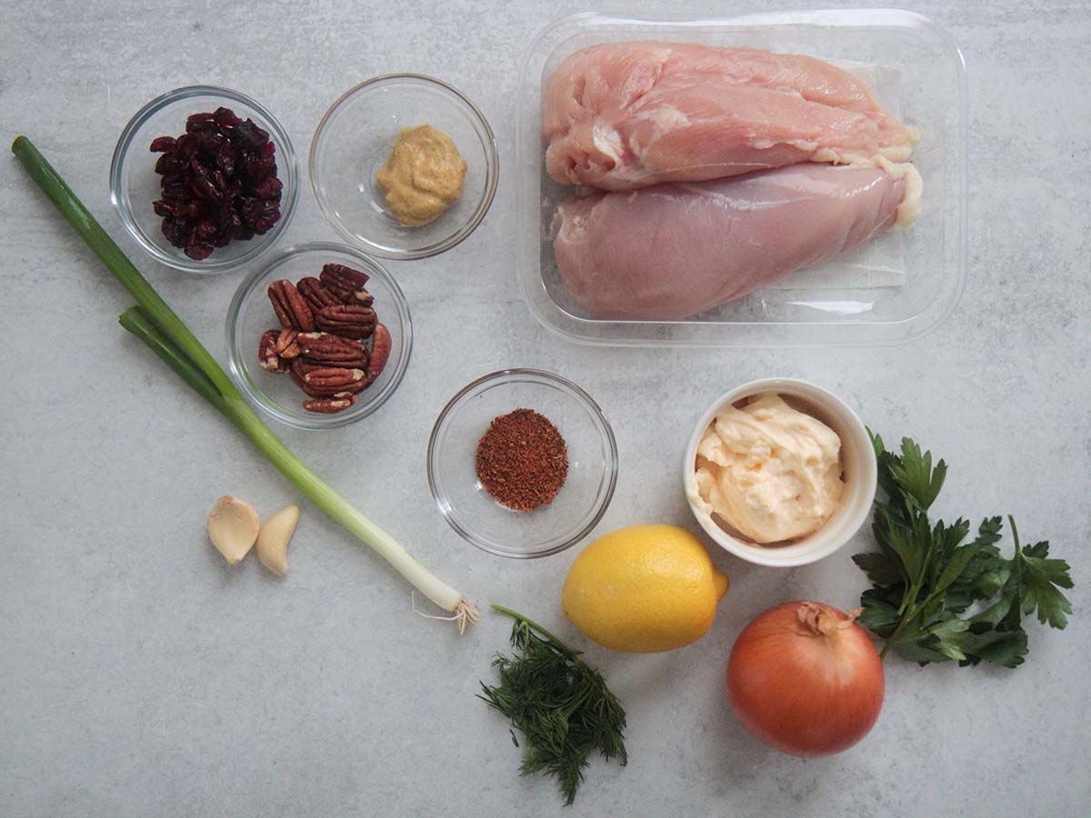 ingredients for cranberry pecan chicken salad. 