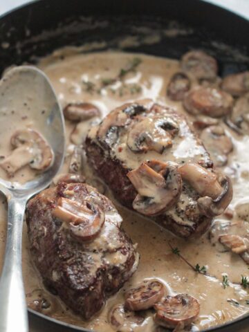 Creamy garlic filet mignon with mushrooms.