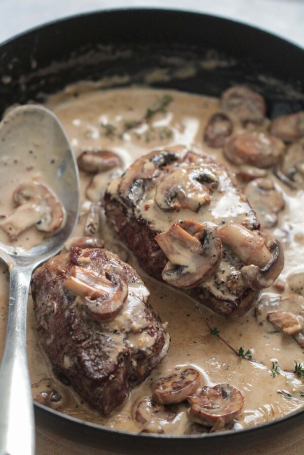 Creamy garlic filet mignon with mushrooms.
