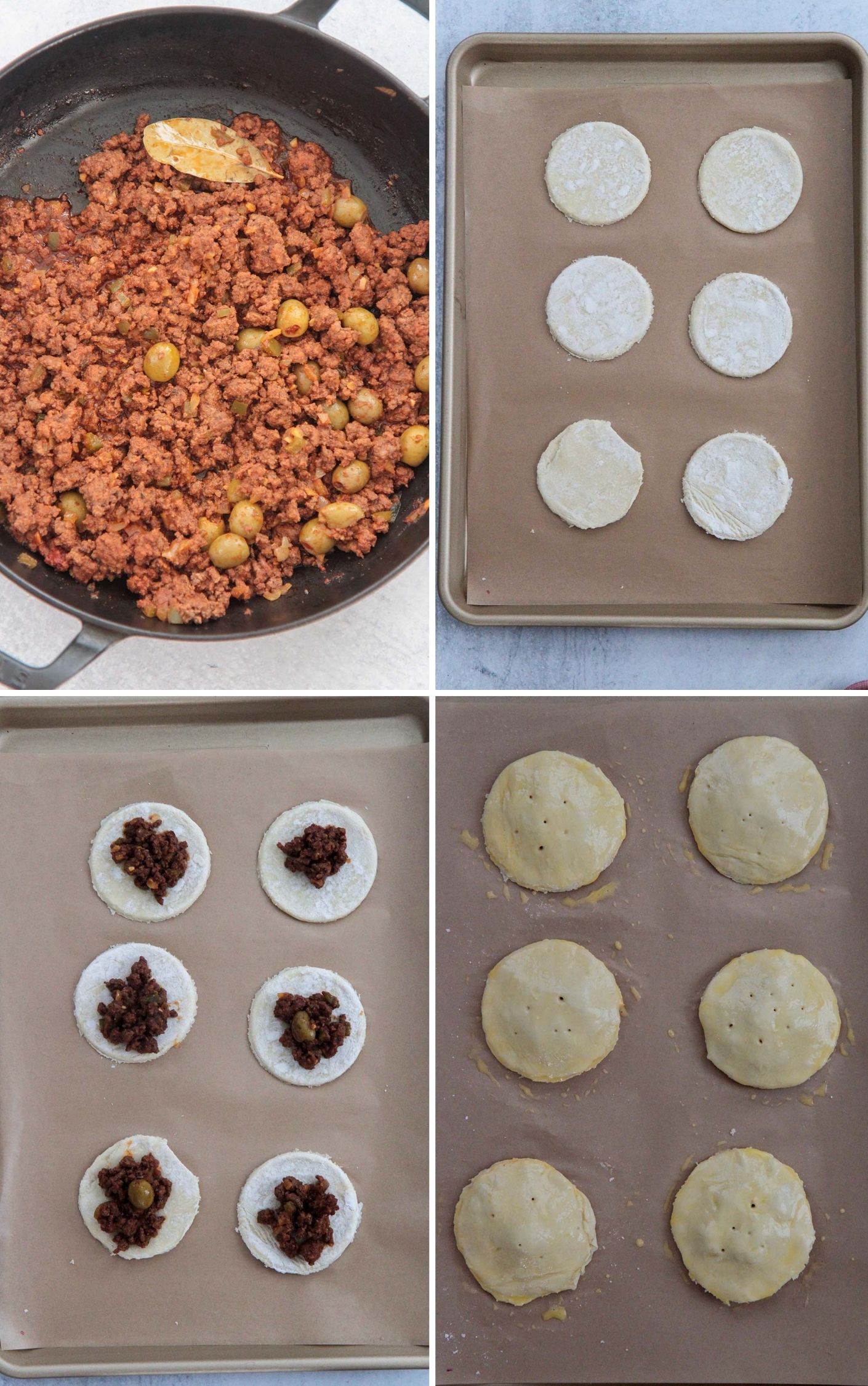 collage with four photos showing how to make pastelitos step by step. 