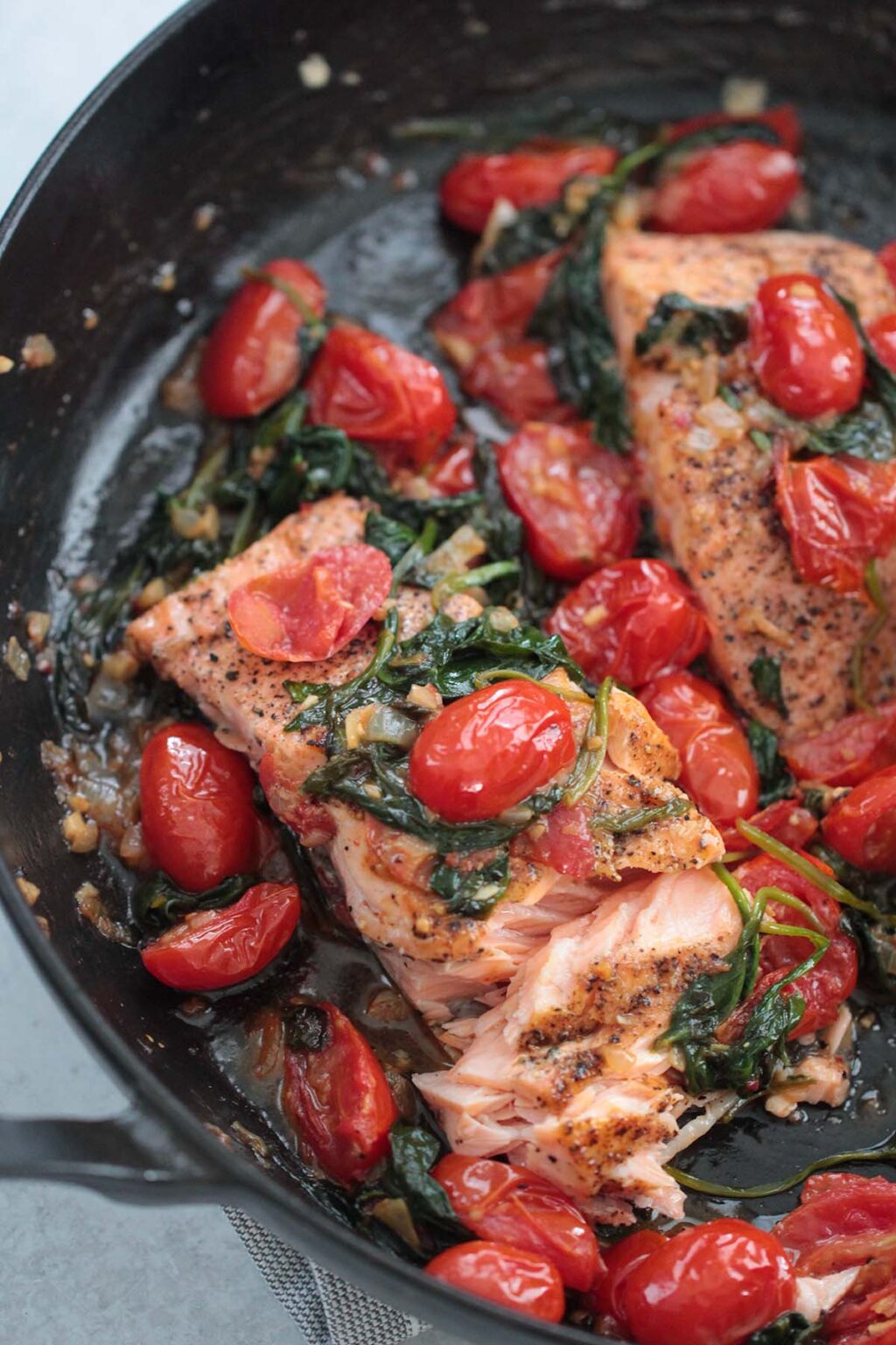 Salmon with Tomatoes and Spinach Cooked by Julie