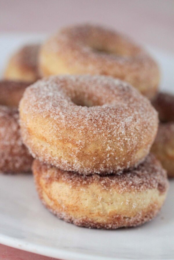 baked cinnamon sugar donuts on a plate up close.