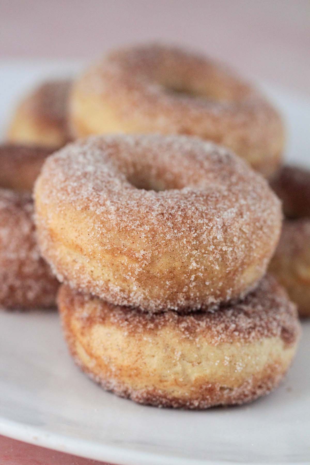 baked cinnamon sugar donuts on a plate up close. 
