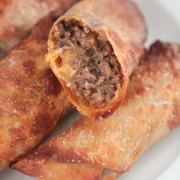 air fryer cheeseburger egg rolls up close.