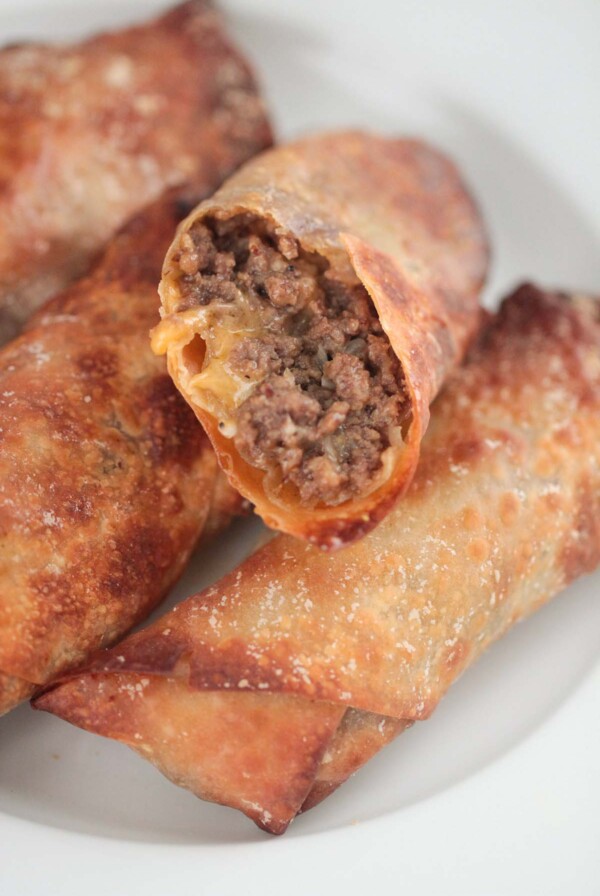 air fryer cheeseburger egg rolls up close.