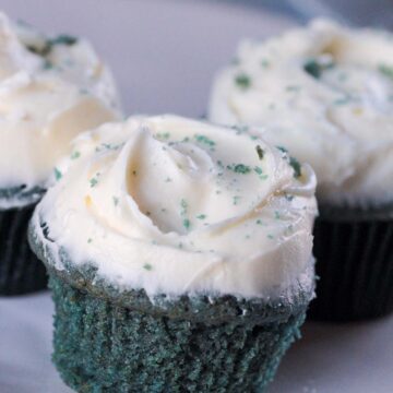 blue velvet cupcake up close.