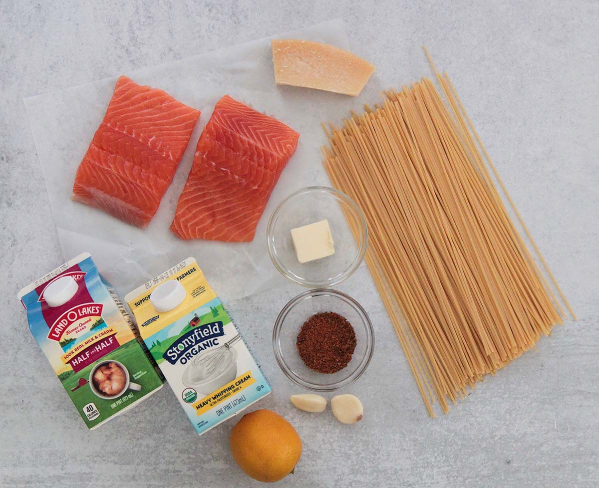 ingredients for salmon pasta. 