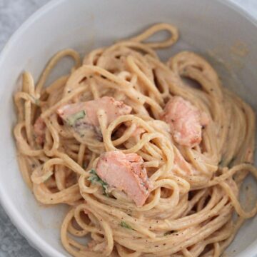 salmon pasta in a bowl.