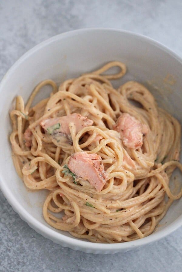 salmon pasta in a bowl.