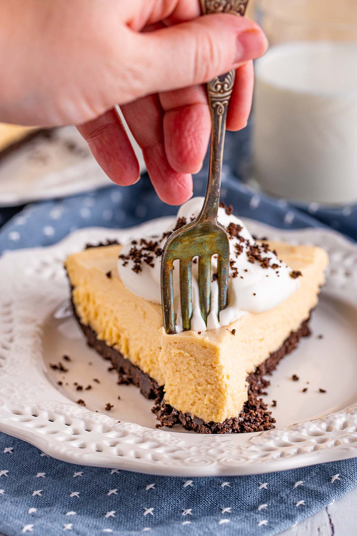 a slice of peanut butter pie with a fork. 