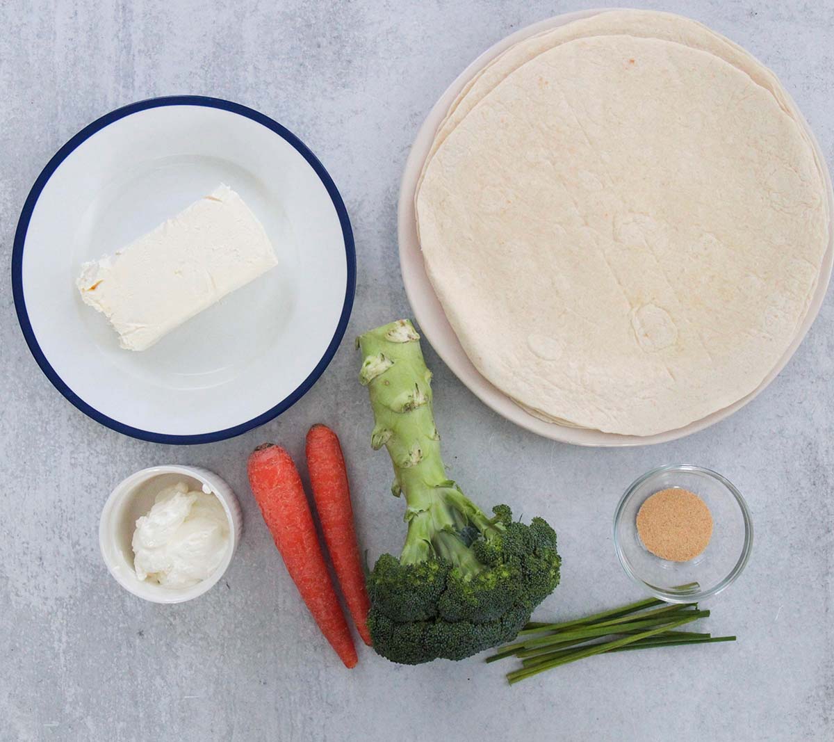 ingredients for veggie cream cheese roll-ups. 