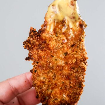 hand held air fryer chicken tender with honey mustard.