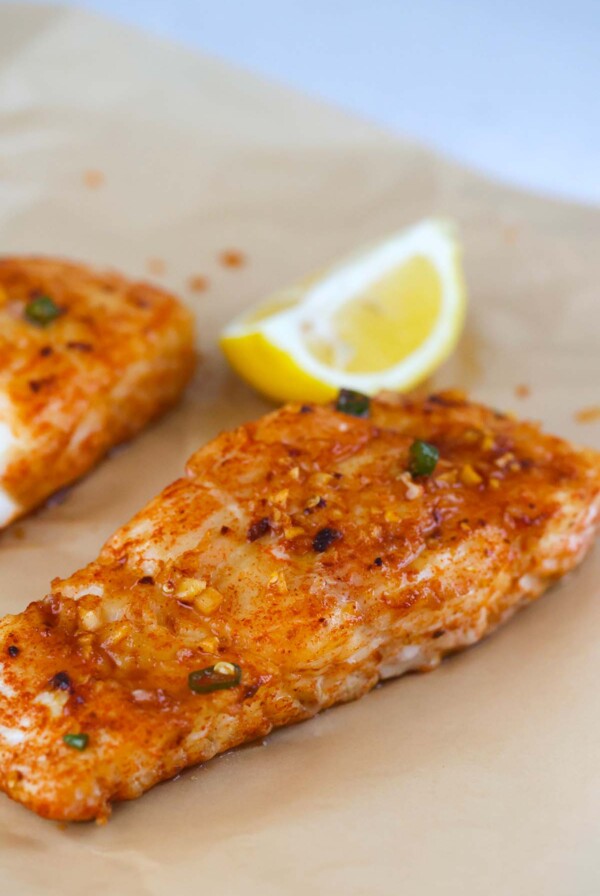 baked spicy honey halibut up close.