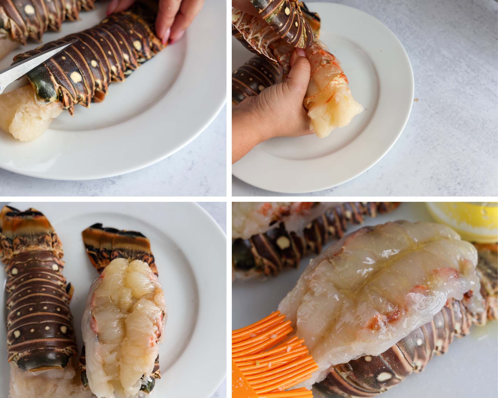 4 photo collage showing how to butterfly and season a lobster tail.